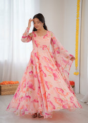 Elegant Peach Floral Organza Anarkali Set