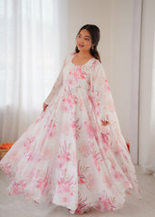 White Flower-Printed Anarkali Set