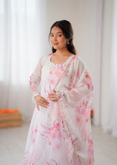 White Flower-Printed Anarkali Set