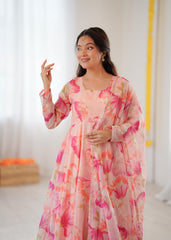 Elegant Peach Floral Organza Anarkali Set