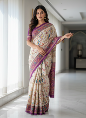 Traditional Cream Saree with Purple Border