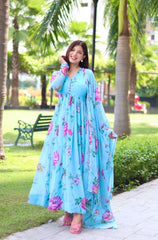 Splendid Blue Rose Printed Heavy Georgette Anarkali Gown