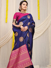 Golden Chakra Navy Blue Golden Zari Worked heavy Banrasi Saree