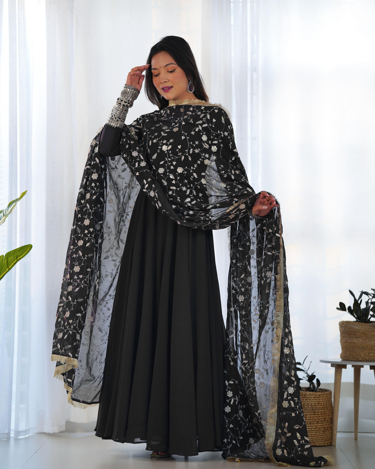 Midnight Black Stunning Anarkali Gown with Heavy Fox Georgette Flair