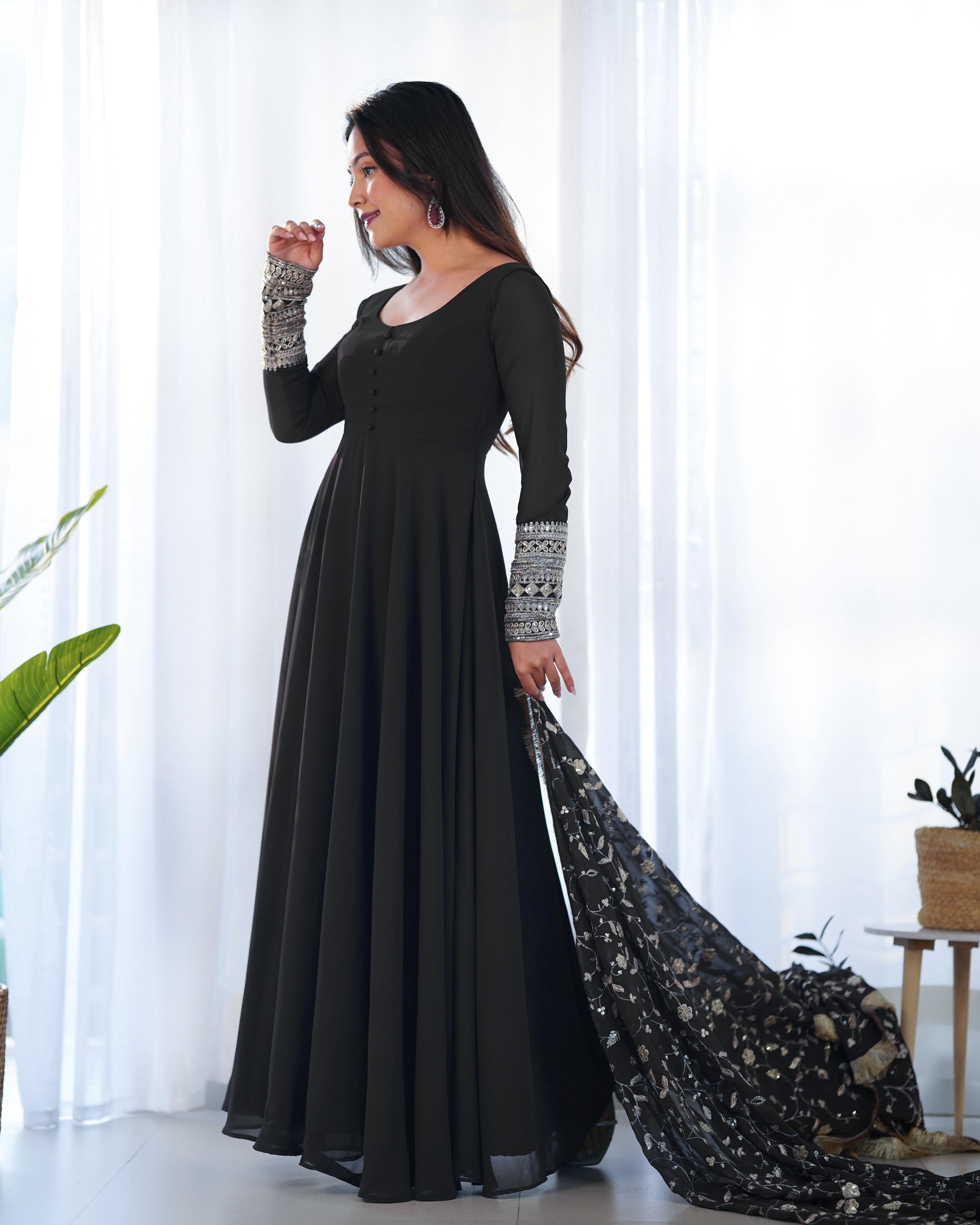 Buy Black Cotton Embroidered Party Wear Anarkali Gown With Muti-Color Koti  Online