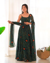 Bandhej Printed Strapped Soft Chiffon Forest Green Anarkali Gown