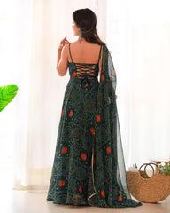 Bandhej Printed Strapped Soft Chiffon Forest Green Anarkali Gown