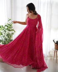 Bandhej Printed Strapped Soft Chiffon Rani Pink Anarkali Gown