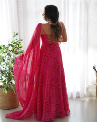 Bandhej Printed Strapped Soft Chiffon Rani Pink Anarkali Gown