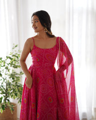 Bandhej Printed Strapped Soft Chiffon Rani Pink Anarkali Gown