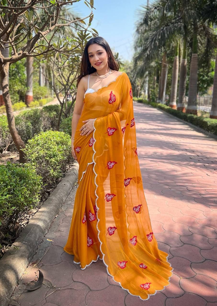 Premium Sitara Chiffon Silk Honey Orange Colored Saree