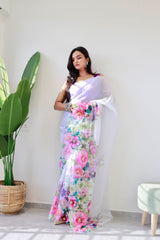 Comely White Floral Printed Pure Organza Saree