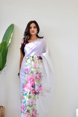 Comely White Floral Printed Pure Organza Saree