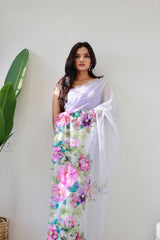 Comely White Floral Printed Pure Organza Saree