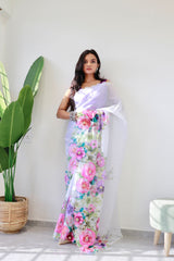 Comely White Floral Printed Pure Organza Saree