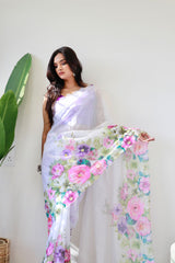 Comely White Floral Printed Pure Organza Saree