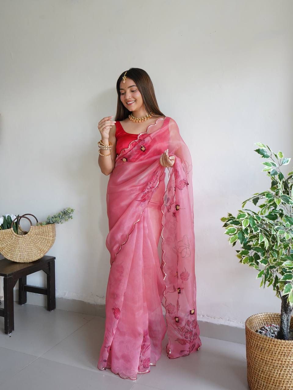 Virile Mudra Pink Handworked Pure Organza Saree