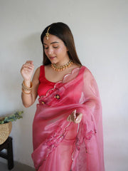 Virile Mudra Pink Handworked Pure Organza Saree