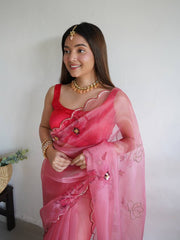 Virile Mudra Pink Handworked Pure Organza Saree