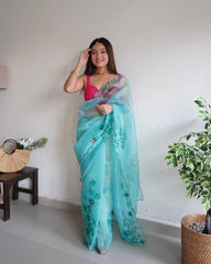 Virile Mudra Aqua Blue Handworked Pure Organza Saree