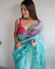 Virile Mudra Aqua Blue Handworked Pure Organza Saree