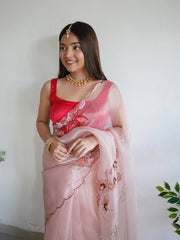 Virile Mudra Peach Handworked Pure Organza Saree