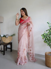 Virile Mudra Peach Handworked Pure Organza Saree