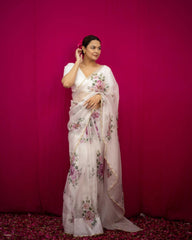 Dapper Beads Worked Pure Organza Printed Off White  Saree