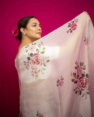 Dapper Beads Worked Pure Organza Printed Off White  Saree