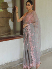 Stately Grey Pure Organza Saree With Viscose Thread Work