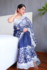 Sahara Organza Silk With Jhal Zari Embroidery Navy Blue Saree