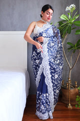 Sahara Organza Silk With Jhal Zari Embroidery Navy Blue Saree