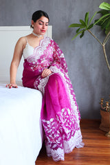 Sahara Organza Silk With Jhal Zari Embroidery Rani Pink Saree