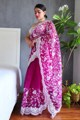 Sahara Organza Silk With Jhal Zari Embroidery Rani Pink Saree