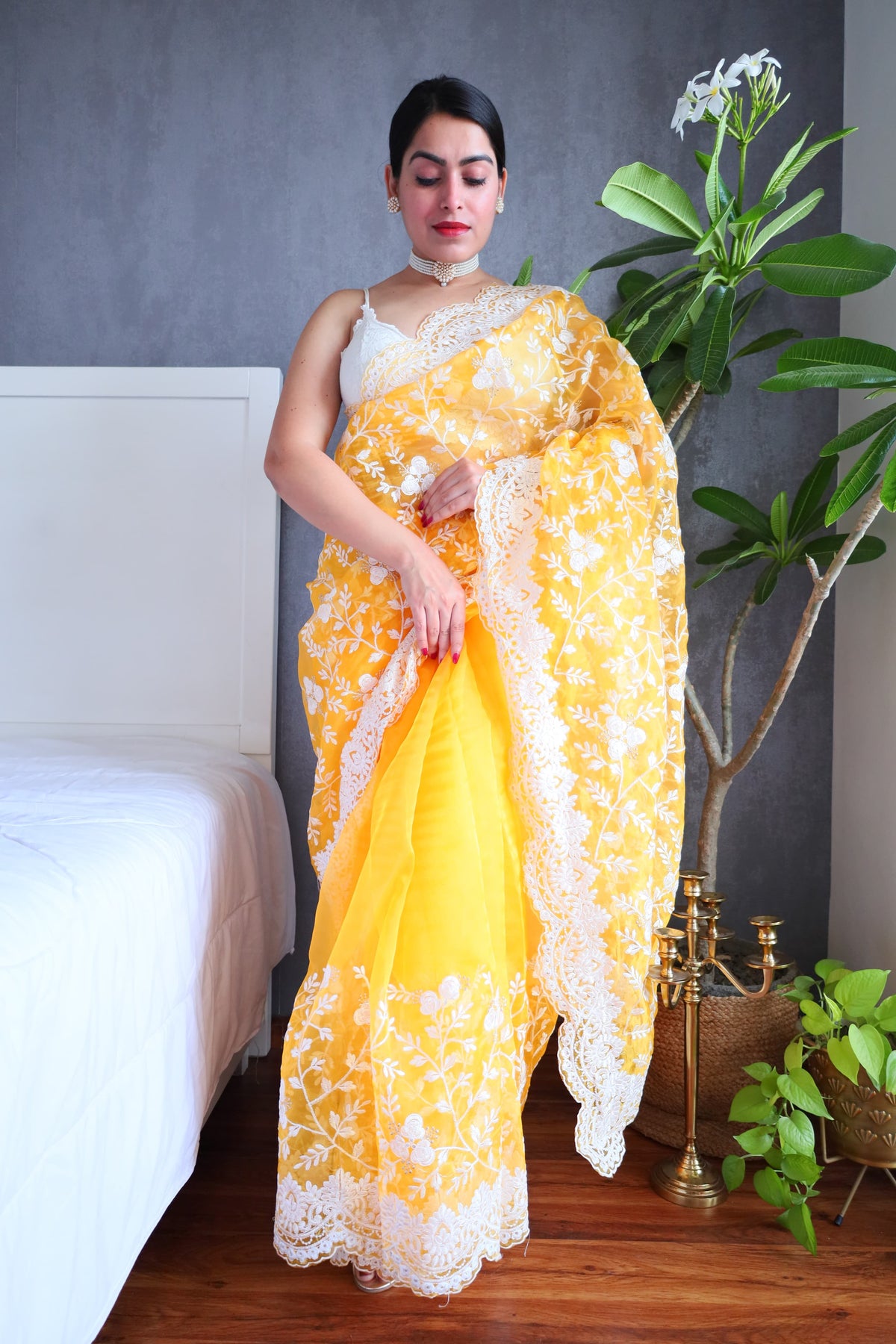 Sahara Organza Silk With Jhal Zari Embroidery Yellow Saree