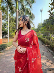 Shipra Embroidery Worked Pure Organza Red Saree