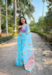 Shipra Embroidery Worked Pure Organza Blue Saree