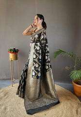 Linen Cotton With Golden Zari Work Black Saree