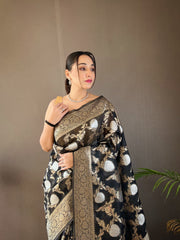 Linen Cotton With Golden Zari Work Black Saree