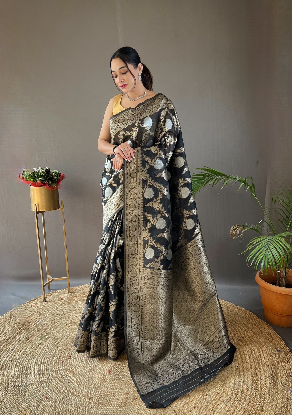 Linen Cotton With Golden Zari Work Black Saree