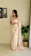 Sahyadri Embroidery Worked Cream Heavy Georgette Saree