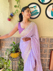 Kamaksha Lavender Multicolored Thread Worked Fox Georgette Saree