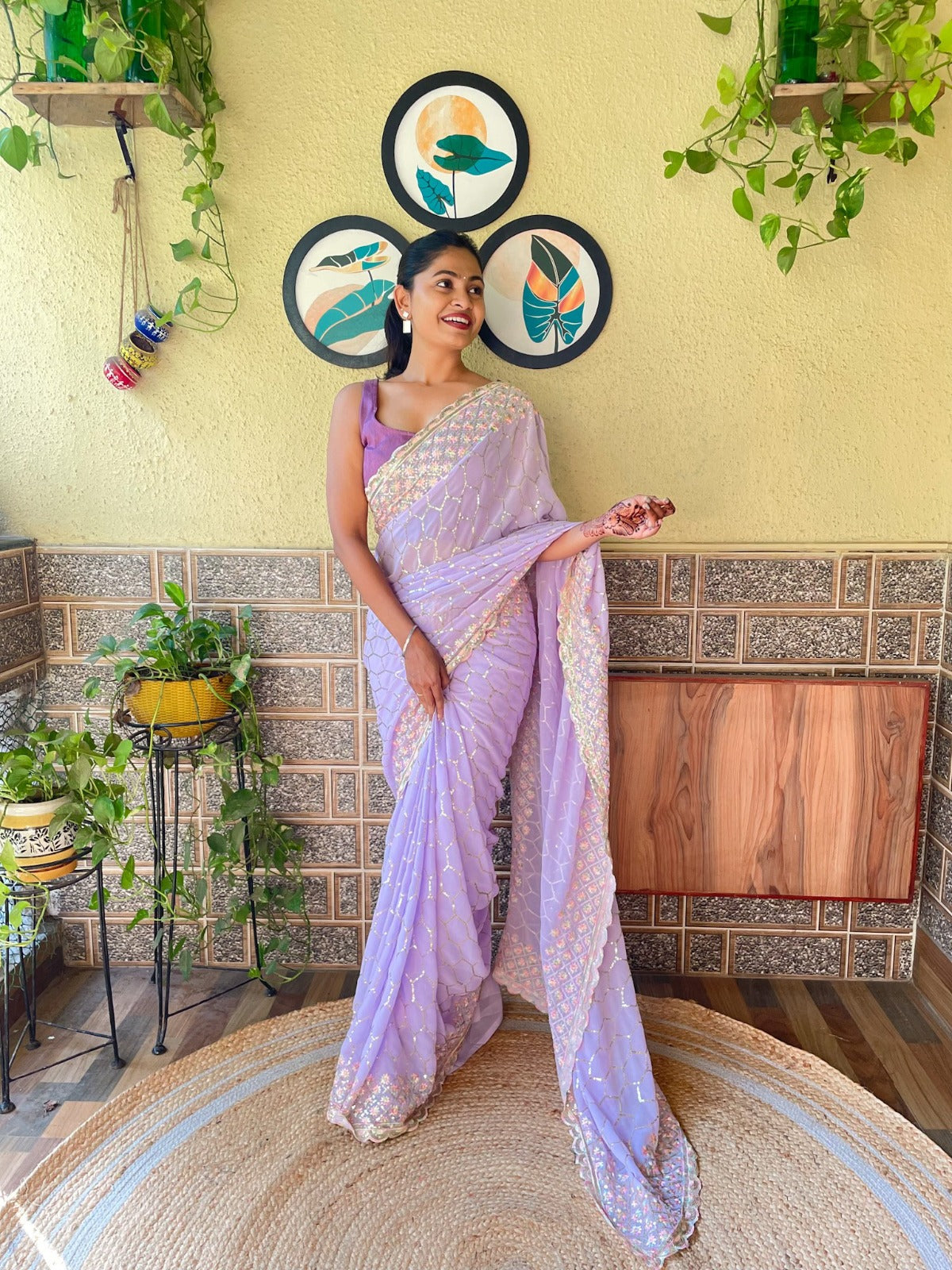 Kamaksha Lavender Multicolored Thread Worked Fox Georgette Saree