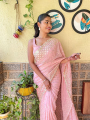 Kamaksha Pink Multicolored Thread Worked Fox Georgette Saree