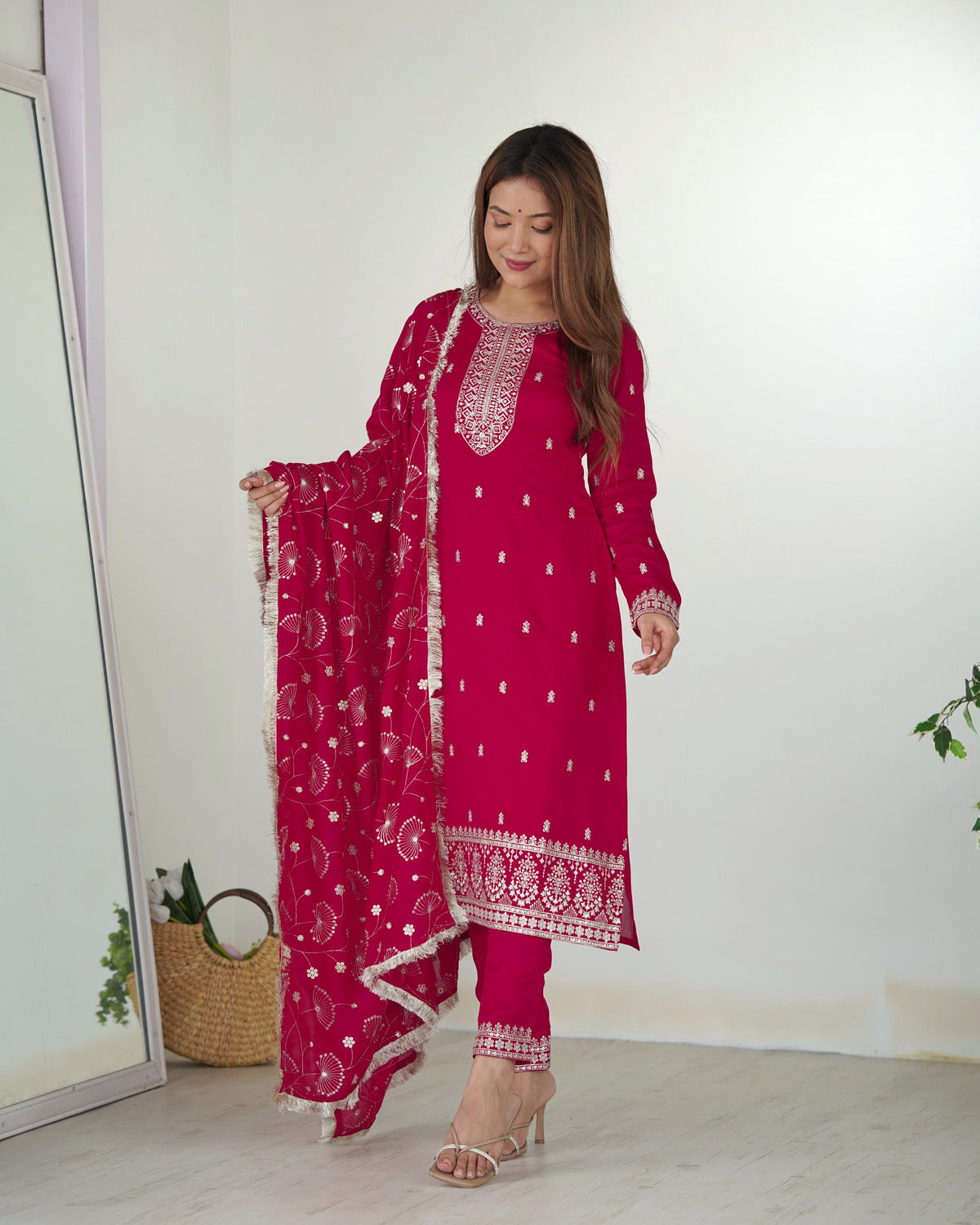 Rani Pink Color Blooming Rangoli Silk Kurta Set