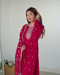 Rani Pink Color Blooming Rangoli Silk Kurta Set