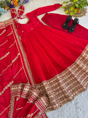 Madhu Red Chinon Silk Anarkali