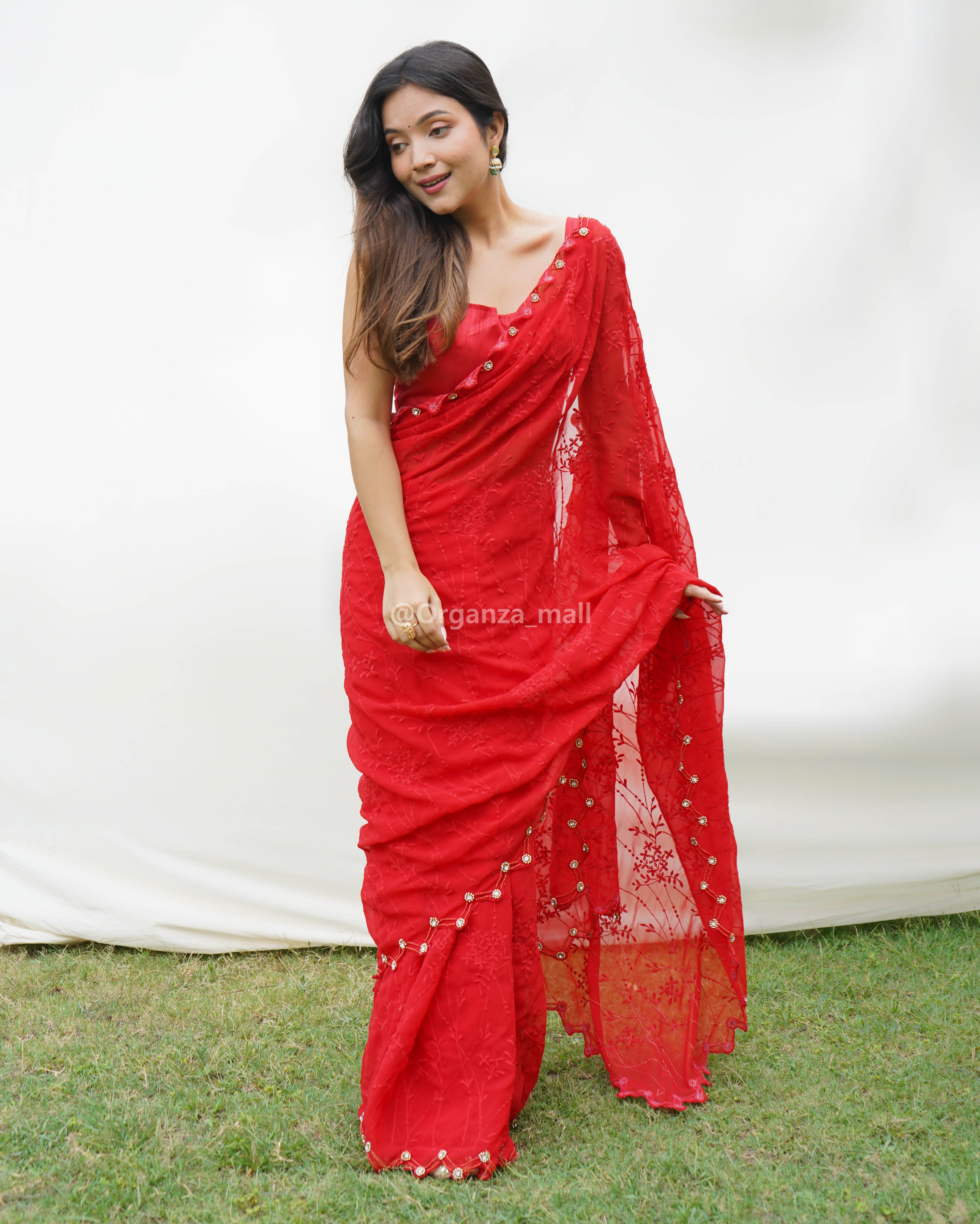 Buy Red Chikankari Saree Georgette for Women Full Work Embroidery With  Blouse, FREE Body Shaper Online in India 