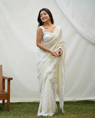 Primrose Milky White Heavy Chikankari Worked Georgette Saree