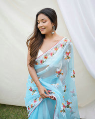 Captivating sky blue chikankari worked pure organza saree